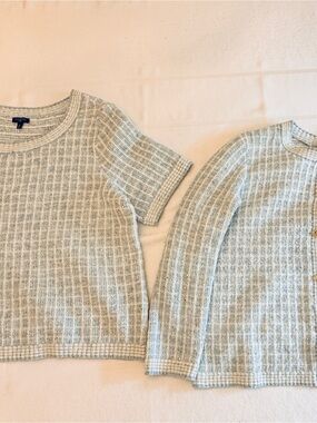Talbots Cardigan Set in Light Blue and Cream with Gold Buttons